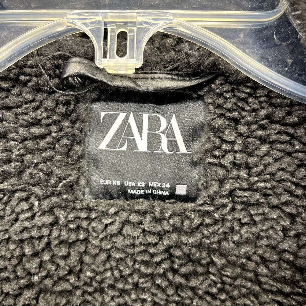 Zara Motorcycle Jacket Women XS Black Black Double Sided Strap Faux Suede Fleece - Picture 14 of 16